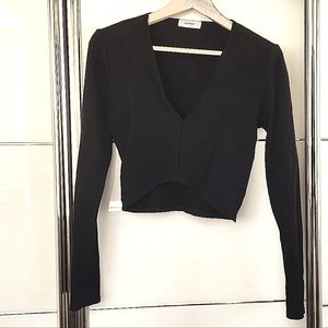 Black, ribbed, crossover, crop top, small, plunge neckline